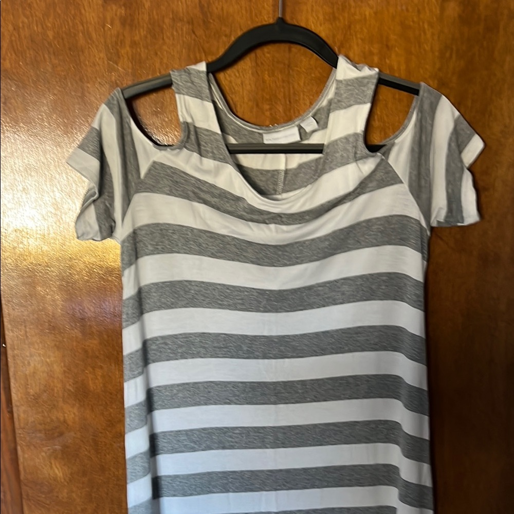 Striped Gray and White Cold Shoulder Top